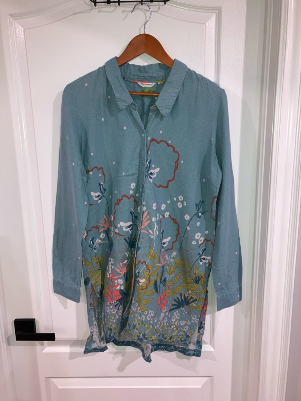 Teal Floral Linen Long Sleeve Button Up Tunic Lily & Me - size M